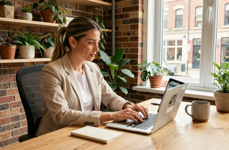 Femme consultant un guide de tendances indépendantes sur son ordinateur portable dans un bureau moderne