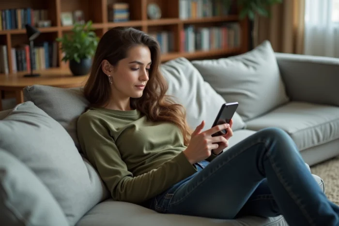 Femme allongée sur un canapé lisant un scan manga en français sur smartphone