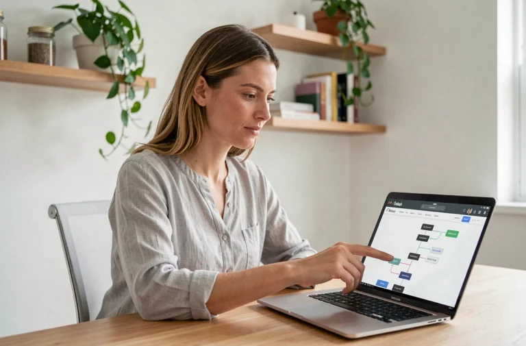 Femme explorant la carte du site d'un blog sur un ordinateur portable dans un bureau moderne