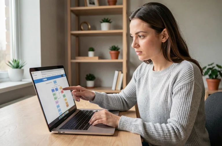 Femme naviguant sur la carte du site d'un portail écologique depuis un bureau à domicile bien organisé
