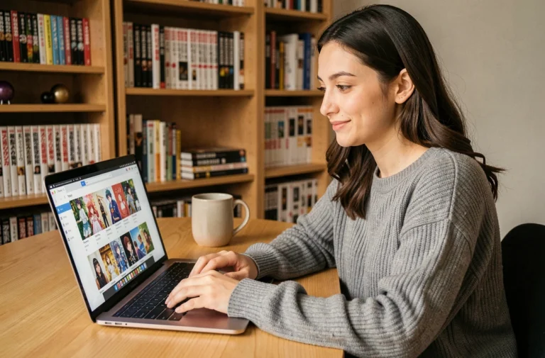 Jeune femme naviguant sur un sitemap de séries et animes en ligne depuis son bureau à domicile