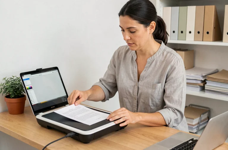 Femme utilisant un scanner à plat pour numériser des documents dans un bureau à domicile moderne
