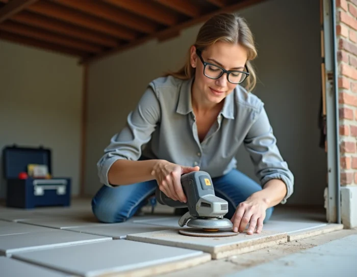 Femme utilisant un outil multifonction rotatif pour découper du carrelage lors d'une rénovation de garage maison