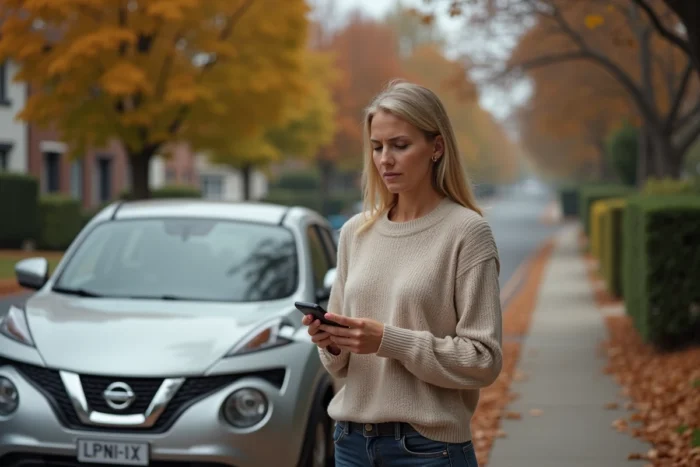 Femme consultant son téléphone à côté d'une Nissan Juke en panne avec le voyant moteur allumé