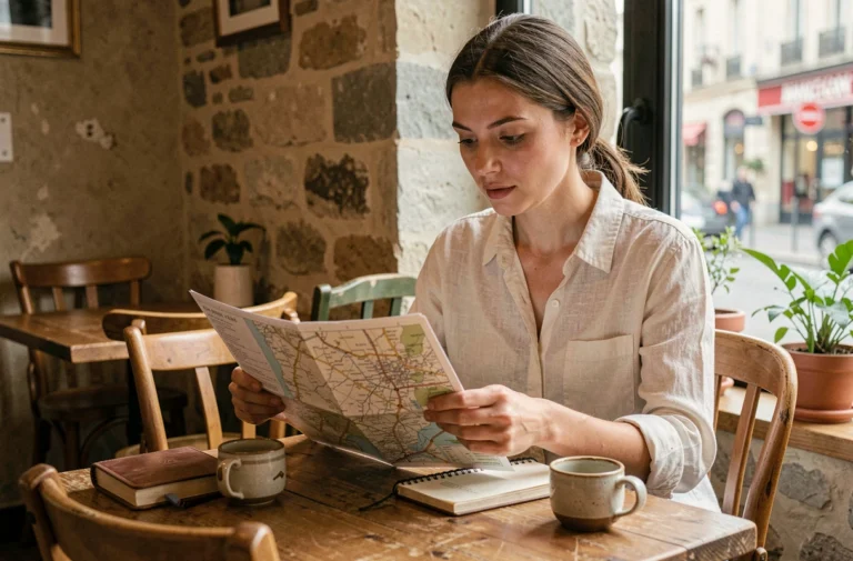 Femme consultant une carte en papier dans un café européen pour planifier son voyage idéal