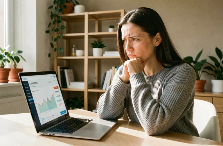 Femme sceptique analysant une plateforme en ligne douteuse sur son ordinateur portable dans un bureau à domicile