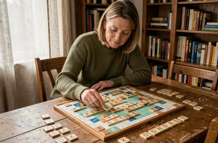 Femme posant une tuile de Scrabble sur un plateau de jeu pour former un mot court valide