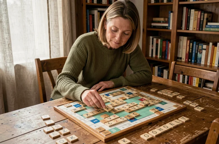 Femme posant une tuile de Scrabble sur un plateau de jeu pour former un mot court valide