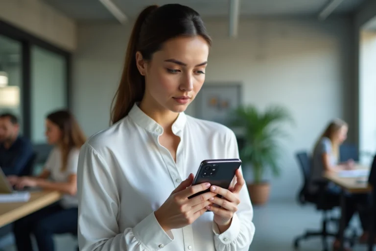 Femme testant un smartphone pliable dernier cri dans un espace de travail technologique moderne