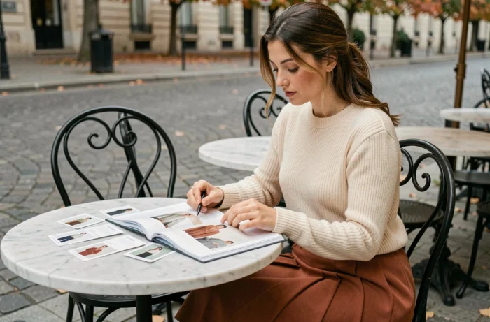 Femme consultantdes lookbooks de tendances mode dans un café de terrasse parisien en automne