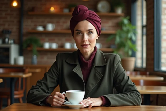 Femme mature arborant un turban bordeaux en soie dans un café vintage, association de couleurs élégantes pour un look quotidien raffiné