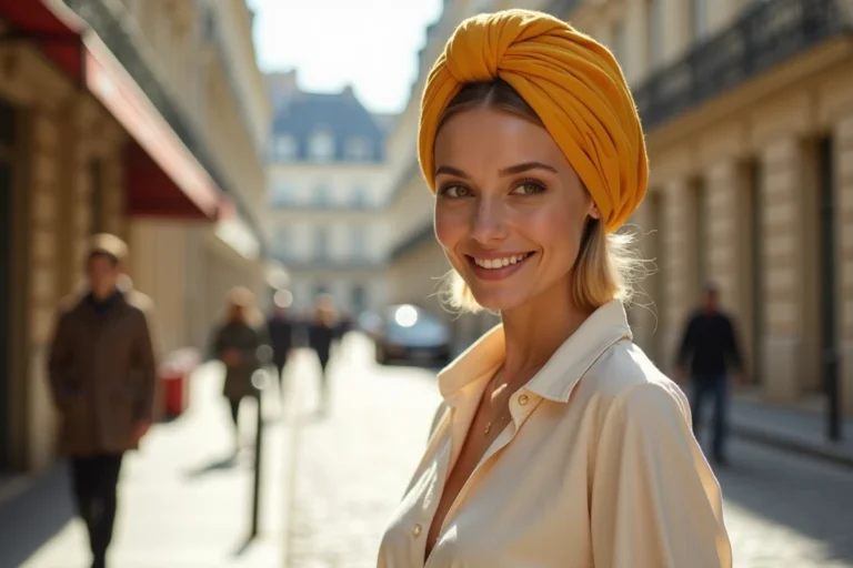 Femme portant un turban jaune moutarde noué avec élégance dans une rue parisienne, style quotidien chic et moderne