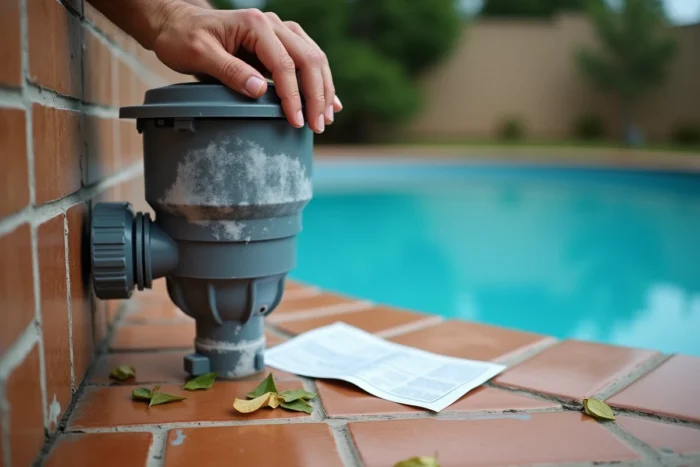 Détail du filtre de piscine avec dépôts causés par un excès de produit clarifiant