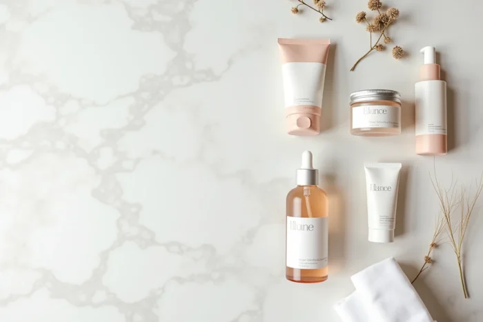 Flat lay de produits de soin minimalistes sur marbre blanc avec étiquettes typographiques épurées