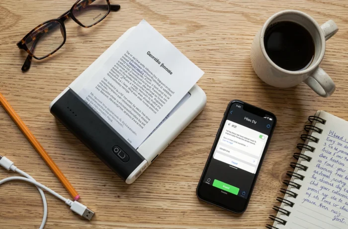 Vue de dessus d'un bureau avec scanner portable, smartphone affichant une application de numérisation et documents papier
