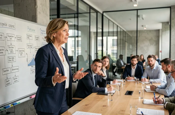 Formatrice professionnelle animant une session de gestion d'entreprise dans une salle de réunion moderne à Paris