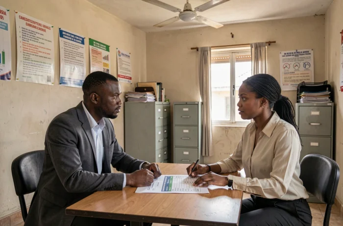 Deux professionnels sénégalais discutant des grilles salariales dans un bureau institutionnel