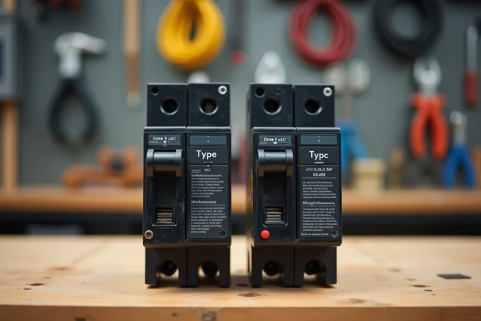 Gros plan sur un disjoncteur type A et un disjoncteur type AC posés côte à côte sur un établi d'électricien