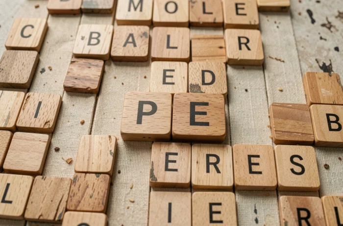 Gros plan sur les tuiles P et E posées sur un plateau de Scrabble illustrant la validité du mot pe