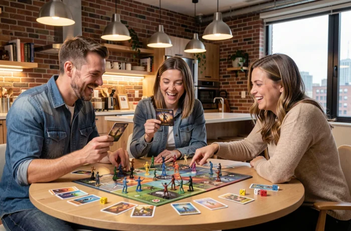 Groupe d'adultes jouant à un jeu de stratégie autour d'une table avec figurines et cartes