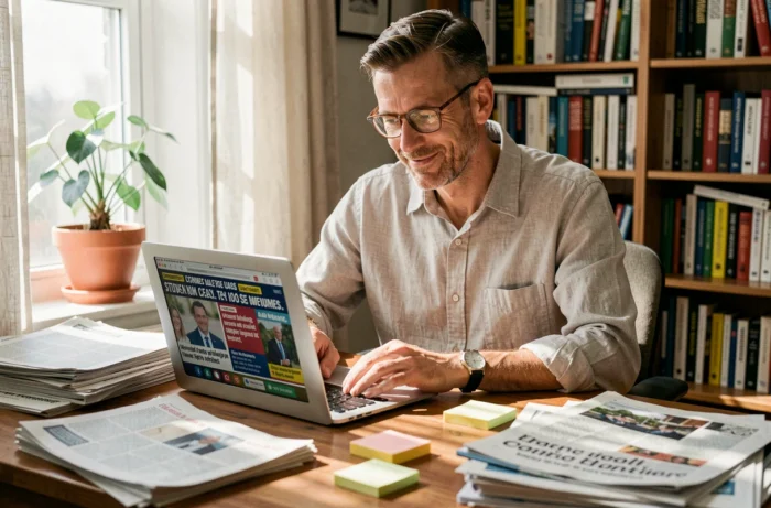 Homme à son bureau à domicile lisant des actualités insolites et tendances sur un ordinateur portable