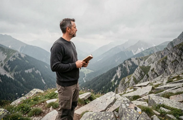 Homme avec un carnet de voyage contemplant un panorama de montagne lors d'une randonnée