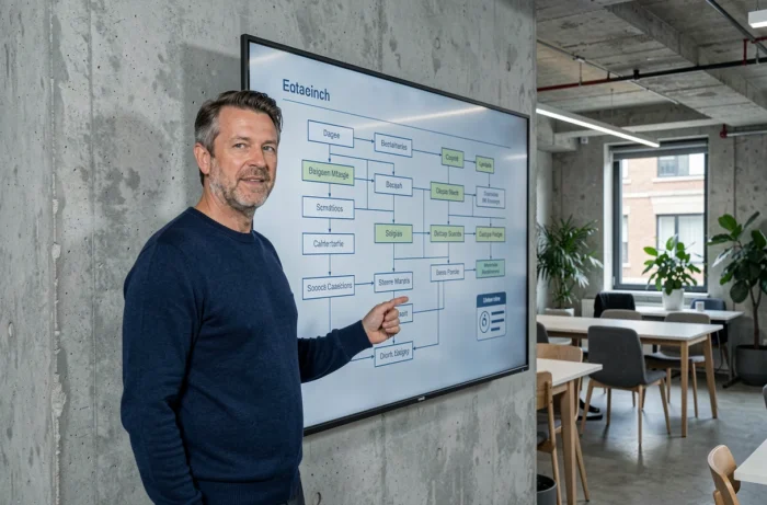 Homme présentant une carte de site structurée sur un écran mural dans un espace de coworking