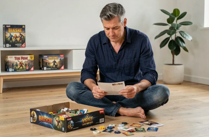 Homme consultant un guide de jeu de société assis sur le sol avec des composants de jeu organisés autour de lui