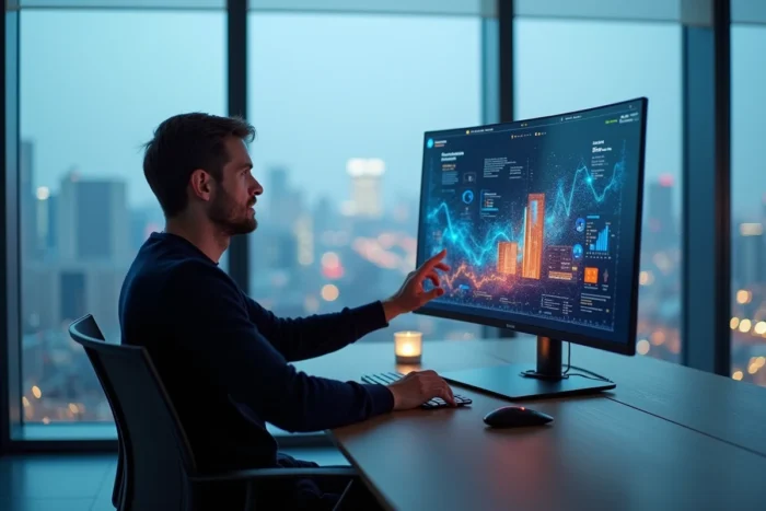 Homme travaillant sur un écran OLED transparent avec des visualisations de données high-tech dans un bureau moderne