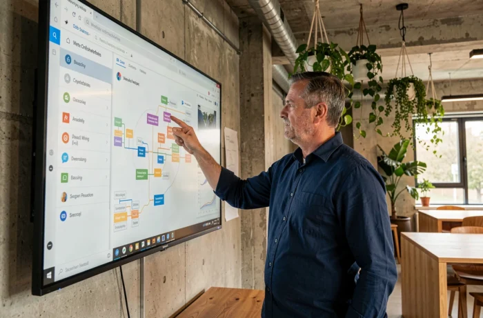 Man exploring the navigation map of an eco-friendly site on a large touchscreen in a coworking space