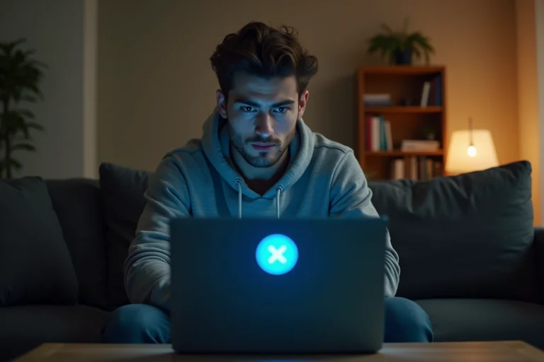 Homme frustré devant un écran d'ordinateur affichant une erreur de connexion, illustrant un site de streaming inaccessible