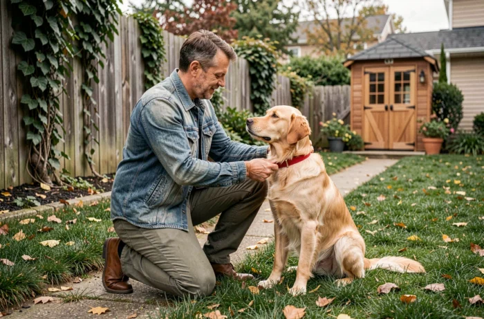 Homme ajustant un collier rouge sur un golden retriever dans un jardin, symbolisant l'accueil d'un nouvel animal à la maison
