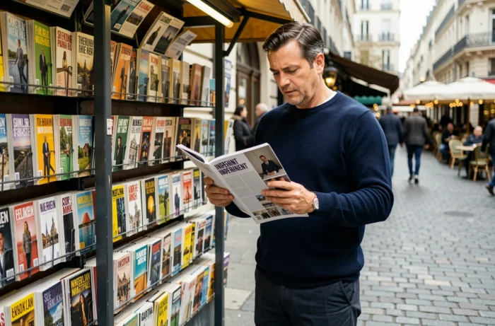 Homme consultant des actualités et tendances dans un kiosque à journaux parisien