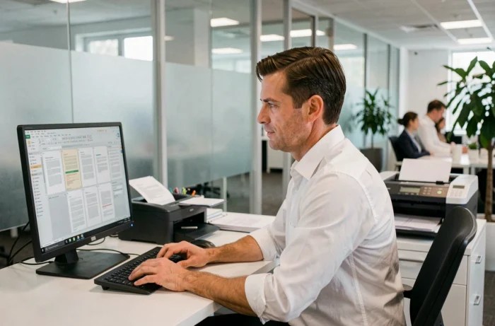 Homme en entreprise comparant des logiciels de numérisation sur un écran d'ordinateur avec un scanner de documents professionnel