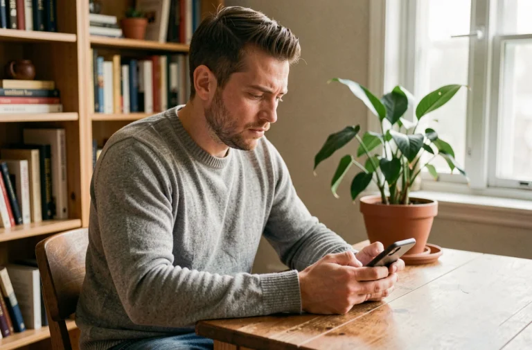 Homme pensif assis à son bureau qui envoie un message sur son téléphone, illustrant la signification de 'je pense à toi'