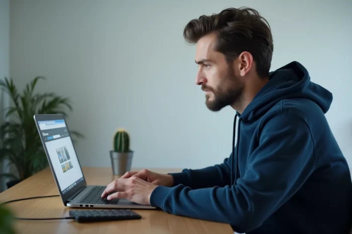 Homme recherchant la nouvelle adresse d'un site de streaming sur son ordinateur portable