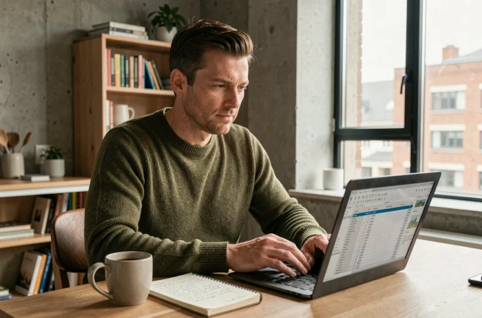 Un homme effectuant des recherches sur l'investissement immobilier depuis son appartement, consultant un tableau financier sur son ordinateur portable