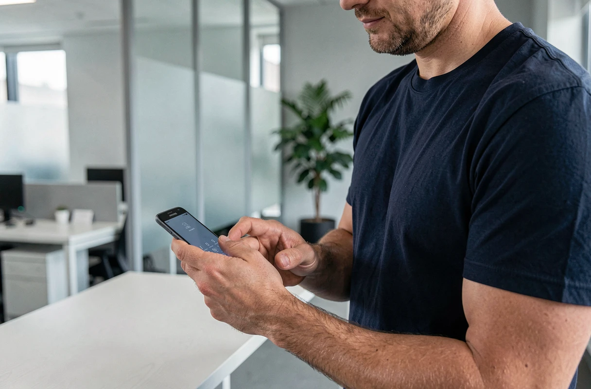 Homme en bureau entrant un code PIN sur son Samsung Galaxy pour le déverrouiller