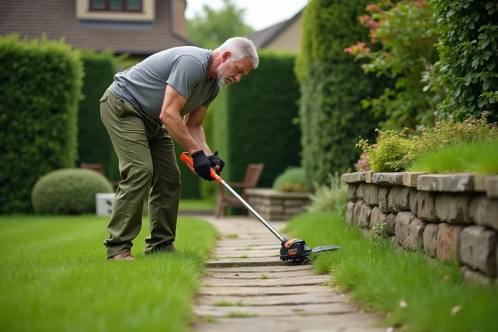 Homme utilisant un taille-bordure sans fil pour délimiter proprement les bords d'une pelouse le long d'un chemin en pierre dans un jardin soigné