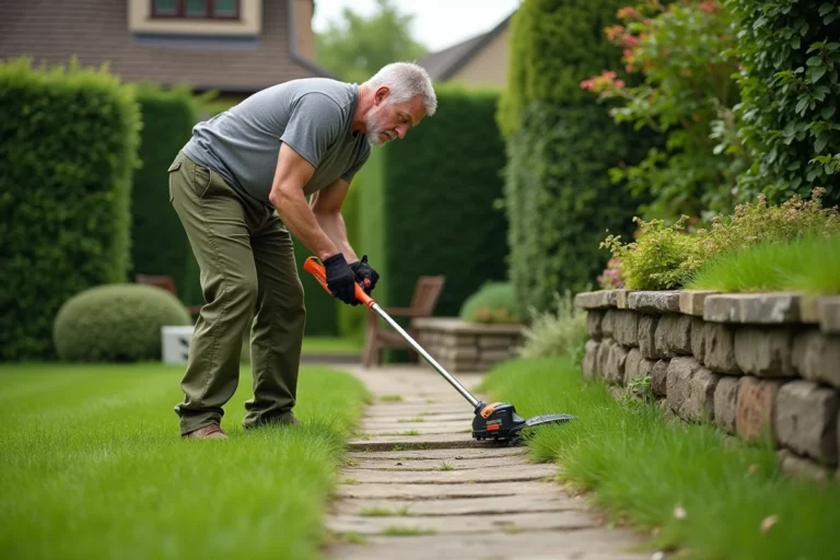 Homme utilisant un taille-bordure sans fil pour délimiter proprement les bords d'une pelouse le long d'un chemin en pierre dans un jardin soigné