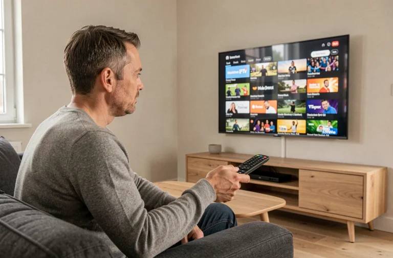 Homme utilisant une télécommande TCL pour naviguer dans une interface IPTV sur une smart TV dans un salon moderne