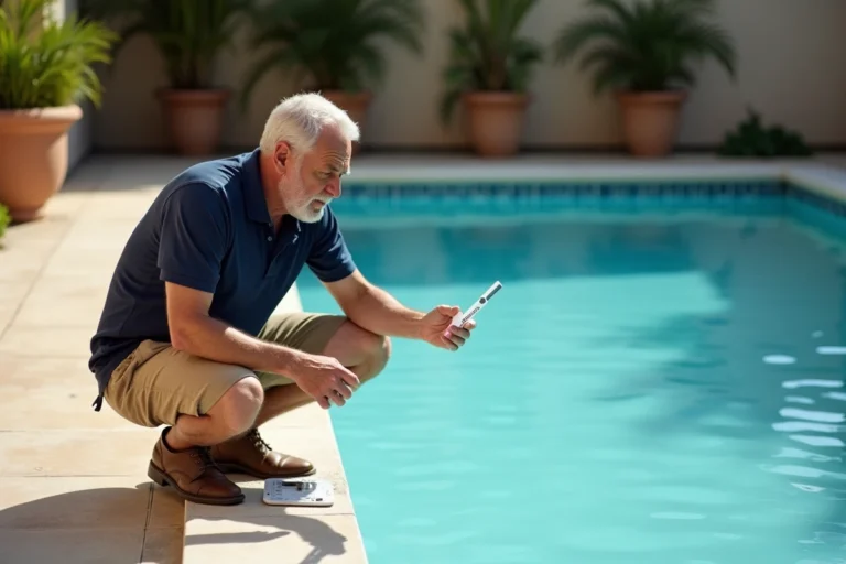 Homme examinant l'eau d'une piscine après un excès de clarifiant avec un kit de test