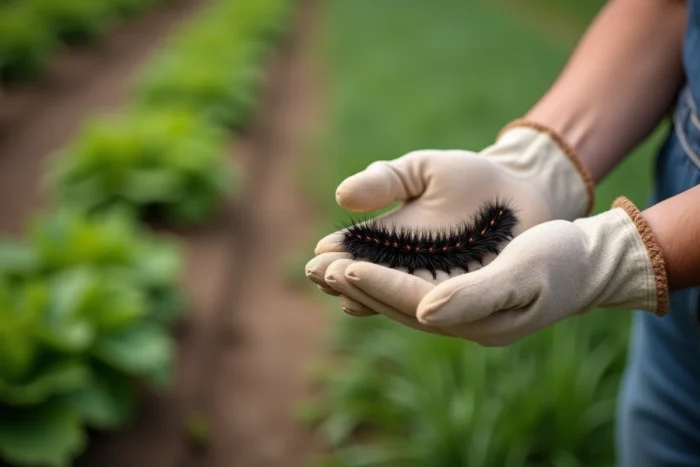 Main gantée tenant une chenille noire poilue pour identification dans un potager