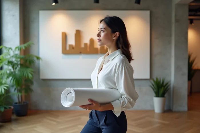 Femme professionnelle devant un mur brandé avec le nouveau logo de Kolrag dans un bureau contemporain design