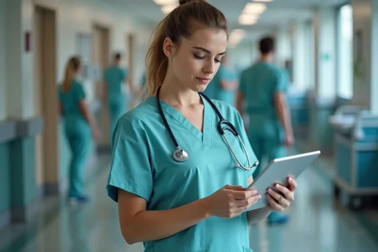 Infirmière en blouse bleue consultant une tablette dans un couloir d'hôpital, illustrant les métiers essentiels du personnel soignant
