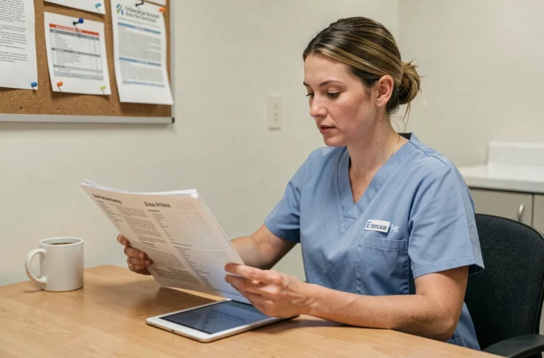 Infirmière consultant des ressources médicales imprimées et numériques dans une salle de pause hospitalière