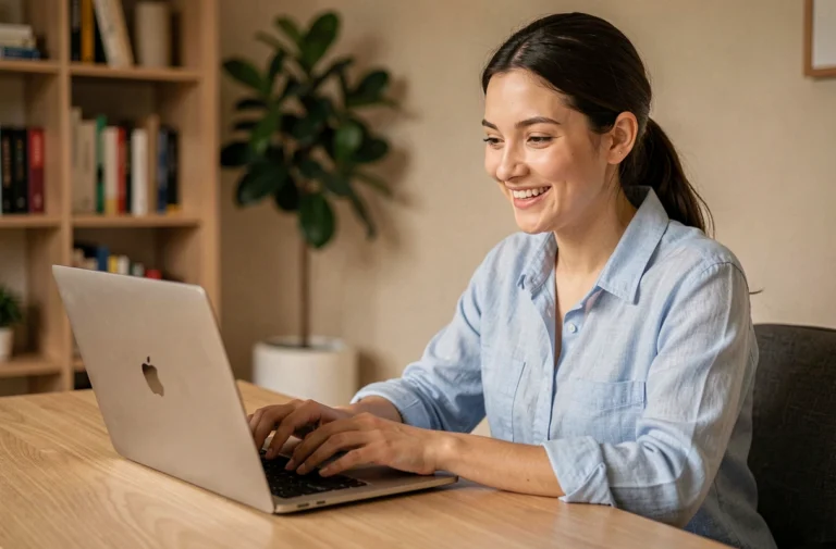 Jeune femme souriante découvrant son nouveau compte sur Tarbob.com depuis un bureau à domicile moderne