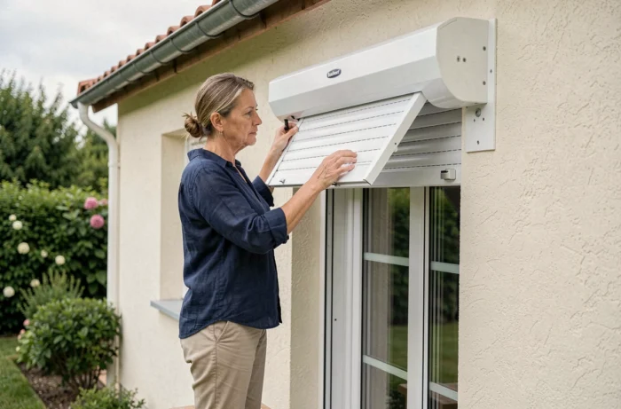 Femme inspectant le mécanisme de fin de course d'un volet roulant Bubendorff radio sur la façade extérieure d'une maison