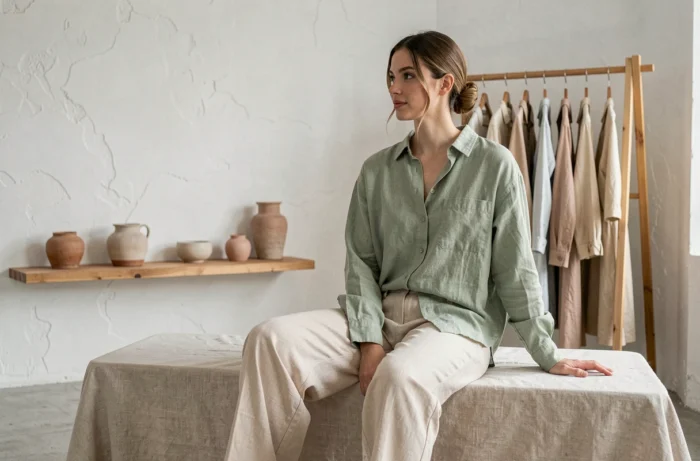 Femme en tenue lin épurée assise dans une boutique de mode minimaliste, inspiration mode douce et tendance