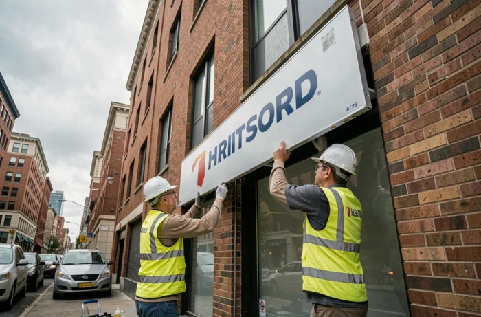 Deux ouvriers installant un nouveau panneau d'enseigne commerciale sur un bâtiment urbain, symbolisant le changement de nom et rebranding d'une entreprise en 2026